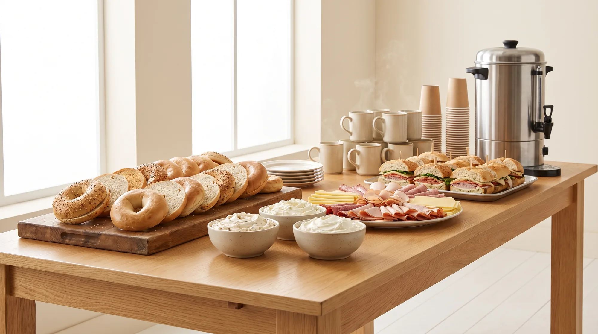 A catering spread of bagels, spreads and salads