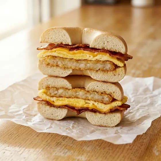 The Bobo: bacon, egg, cheese and a hash brown on a bagel